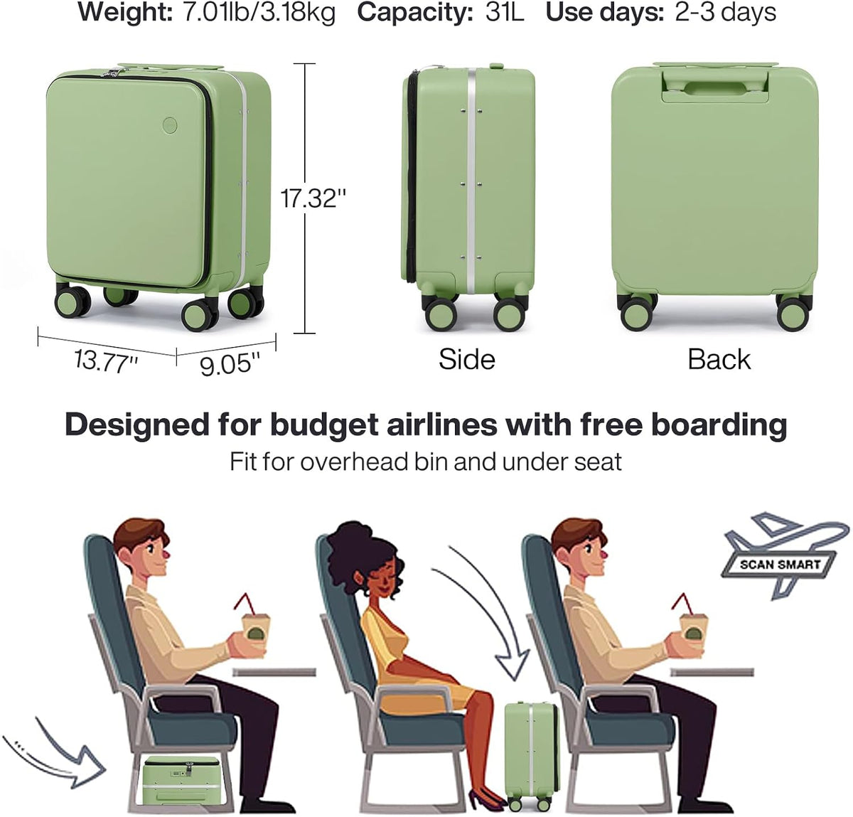 17x14x9 Carry On Luggage Underseat PC Hard Shell Suitcase Top Opening Aluminum Frame Travel Suitcases with Wheels, Smoke White
