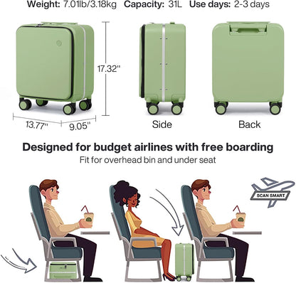 17x14x9 Carry On Luggage Underseat PC Hard Shell Suitcase Top Opening Aluminum Frame Travel Suitcases with Wheels, Smoke White