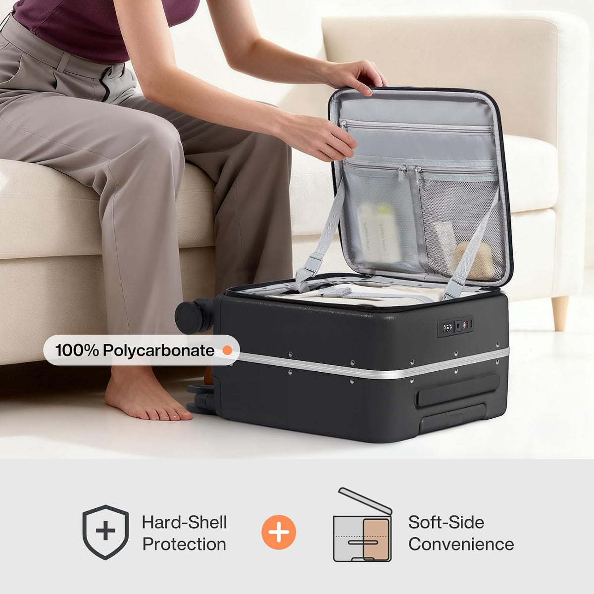 17x14x9 Carry On Luggage Underseat PC Hard Shell Suitcase Top Opening Aluminum Frame Travel Suitcases with Wheels, Smoke White