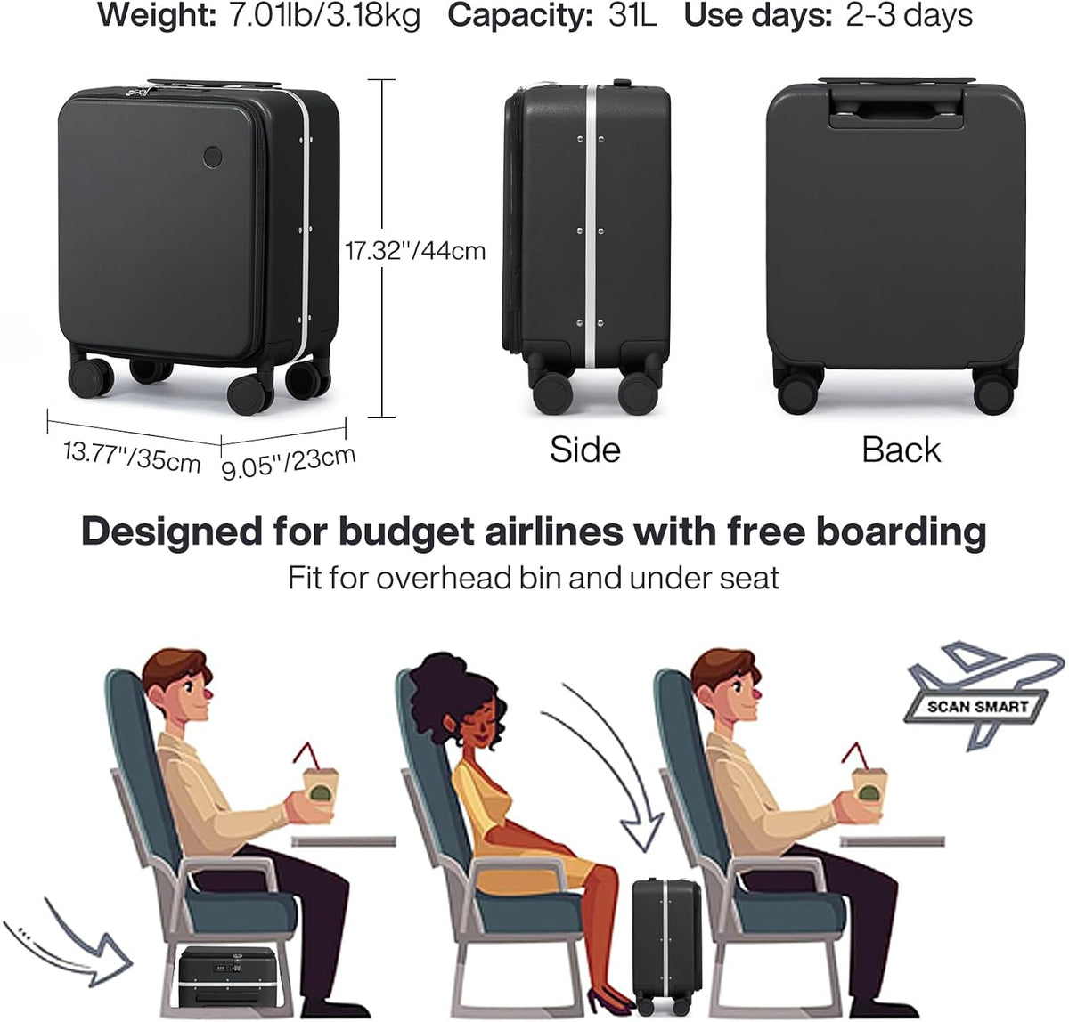 17x14x9 Carry On Luggage Underseat PC Hard Shell Suitcase Top Opening Aluminum Frame Travel Suitcases with Wheels, Smoke White