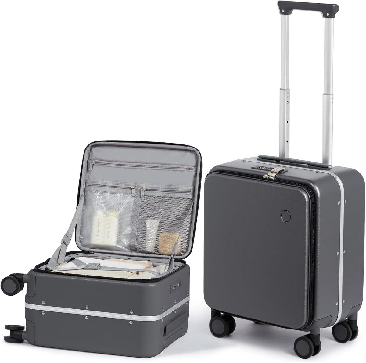 17x14x9 Carry On Luggage Underseat PC Hard Shell Suitcase Top Opening Aluminum Frame Travel Suitcases with Wheels, Smoke White