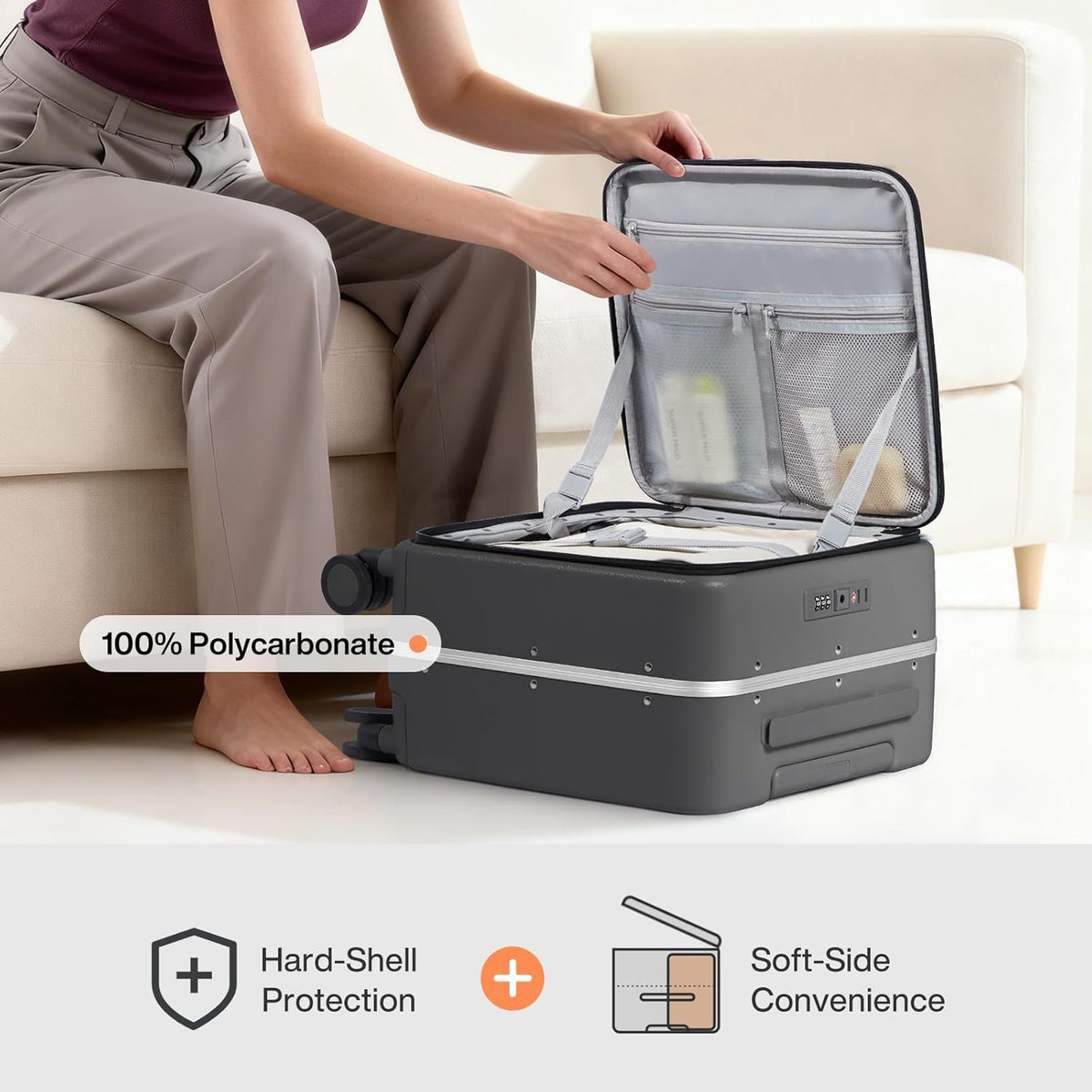 17x14x9 Carry On Luggage Underseat PC Hard Shell Suitcase Top Opening Aluminum Frame Travel Suitcases with Wheels, Smoke White