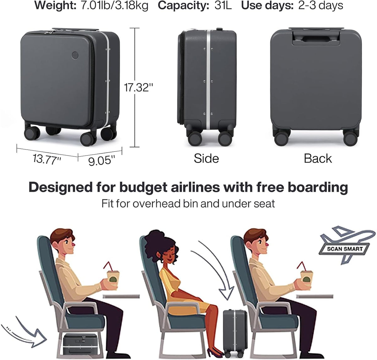 17x14x9 Carry On Luggage Underseat PC Hard Shell Suitcase Top Opening Aluminum Frame Travel Suitcases with Wheels, Smoke White