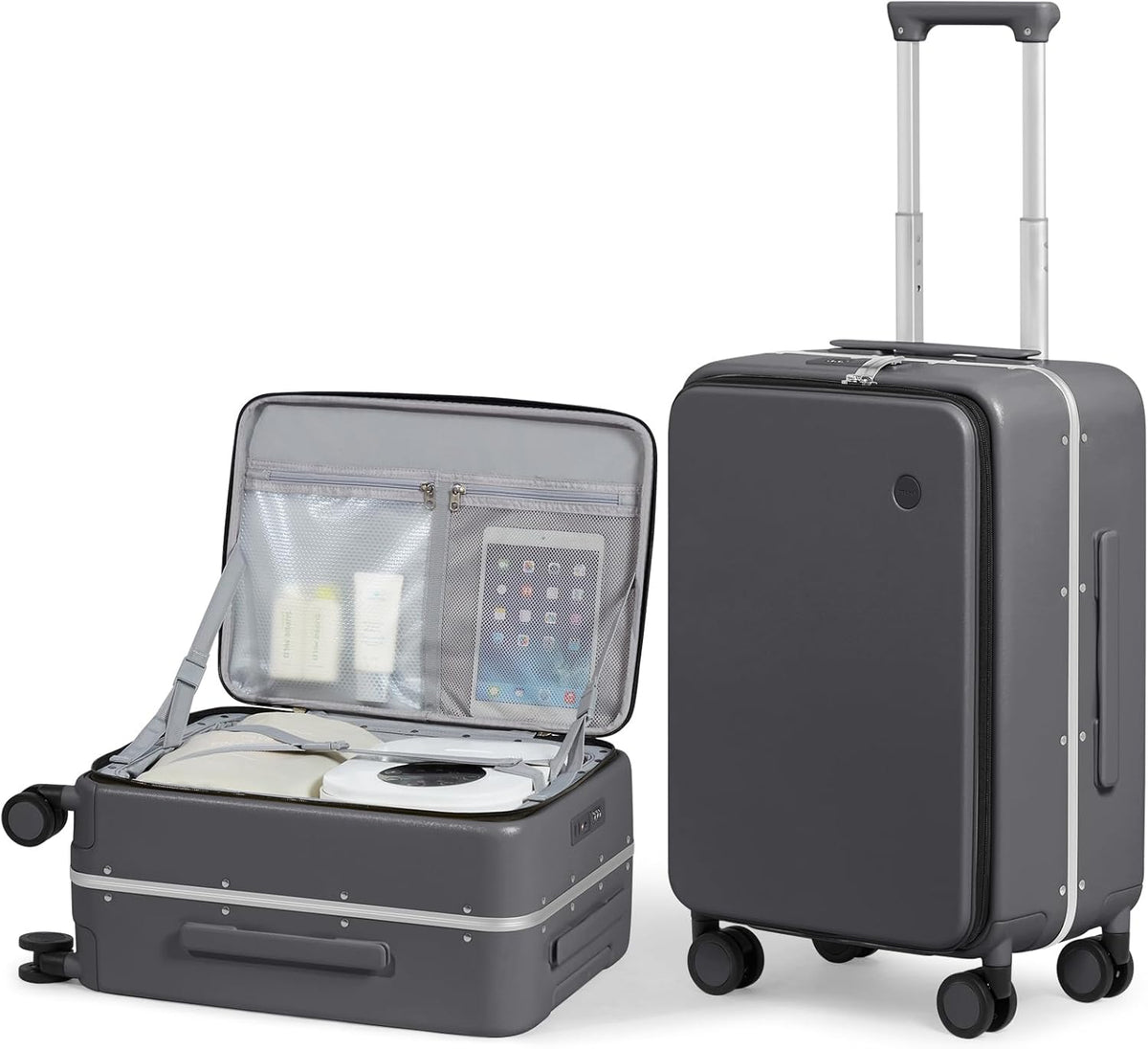 17x14x9 Carry On Luggage Underseat PC Hard Shell Suitcase Top Opening Aluminum Frame Travel Suitcases with Wheels, Smoke White
