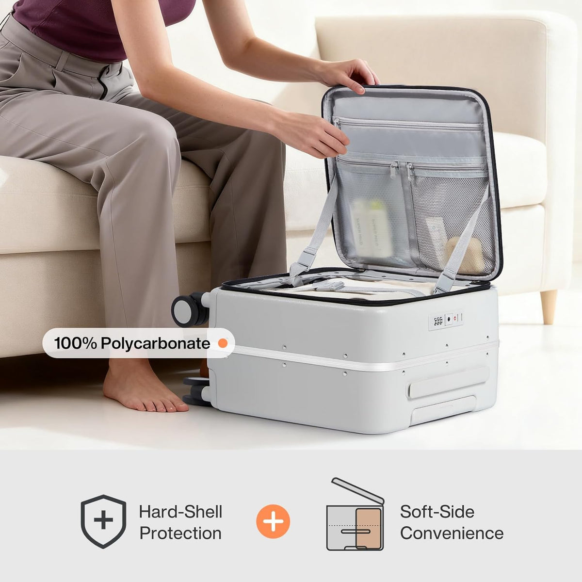 17x14x9 Carry On Luggage Underseat PC Hard Shell Suitcase Top Opening Aluminum Frame Travel Suitcases with Wheels, Smoke White