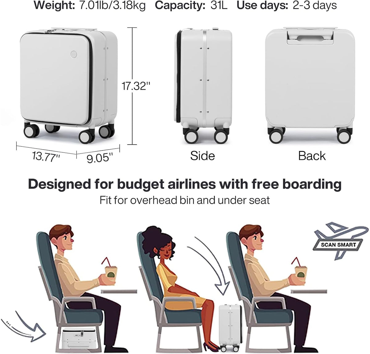 17x14x9 Carry On Luggage Underseat PC Hard Shell Suitcase Top Opening Aluminum Frame Travel Suitcases with Wheels, Smoke White