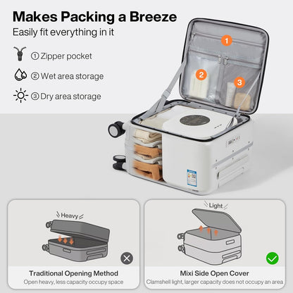 17x14x9 Carry On Luggage Underseat PC Hard Shell Suitcase Top Opening Aluminum Frame Travel Suitcases with Wheels, Smoke White