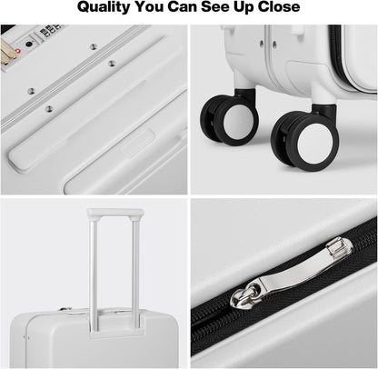 17x14x9 Carry On Luggage Underseat PC Hard Shell Suitcase Top Opening Aluminum Frame Travel Suitcases with Wheels, Smoke White