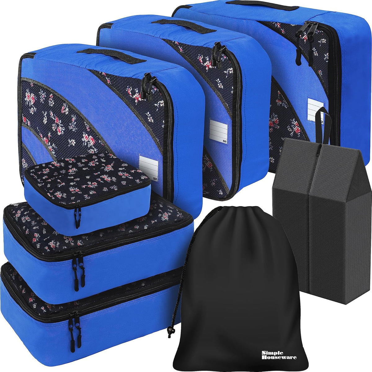 8-Set Packing Cubes for Travel, Luggage Organizer with Laundry Bag, Shoe Bag & Clear Pocket Label, Blue