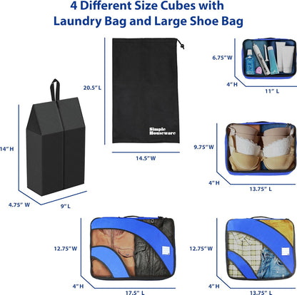 8-Set Packing Cubes for Travel, Luggage Organizer with Laundry Bag, Shoe Bag & Clear Pocket Label, Blue
