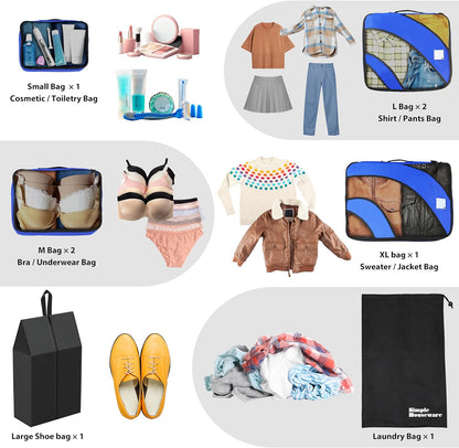 8-Set Packing Cubes for Travel, Luggage Organizer with Laundry Bag, Shoe Bag & Clear Pocket Label, Blue