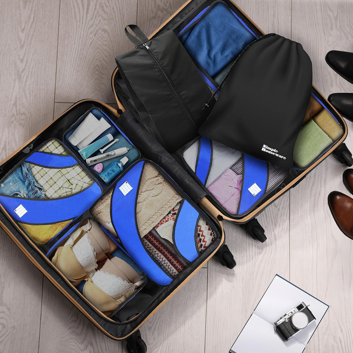 8-Set Packing Cubes for Travel, Luggage Organizer with Laundry Bag, Shoe Bag & Clear Pocket Label, Blue