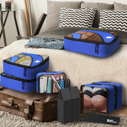 8-Set Packing Cubes for Travel, Luggage Organizer with Laundry Bag, Shoe Bag & Clear Pocket Label, Blue