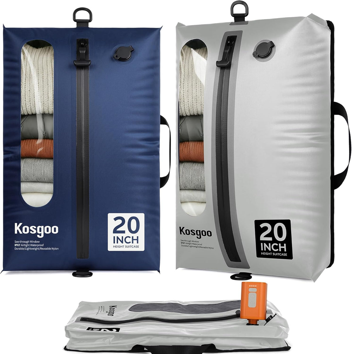 Vacuum Seal Bags for Travel with Pump, Navy/Light Grey, 20+20 | Reusable Nylon, Compression Packing Cubes, Space Saving for Carry-On Suitcase & Backpack, Odor & Waterproof, 2 Pcs