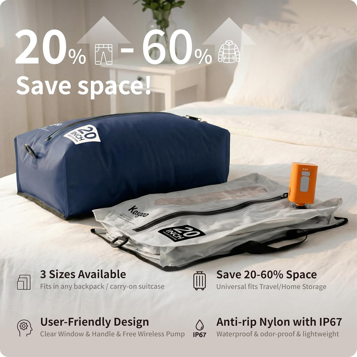 Vacuum Seal Bags for Travel with Pump, Navy/Light Grey, 20+20 | Reusable Nylon, Compression Packing Cubes, Space Saving for Carry-On Suitcase & Backpack, Odor & Waterproof, 2 Pcs