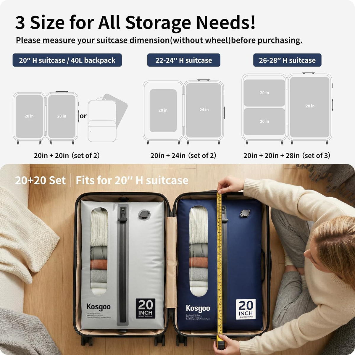 Vacuum Seal Bags for Travel with Pump, Navy/Light Grey, 20+20 | Reusable Nylon, Compression Packing Cubes, Space Saving for Carry-On Suitcase & Backpack, Odor & Waterproof, 2 Pcs
