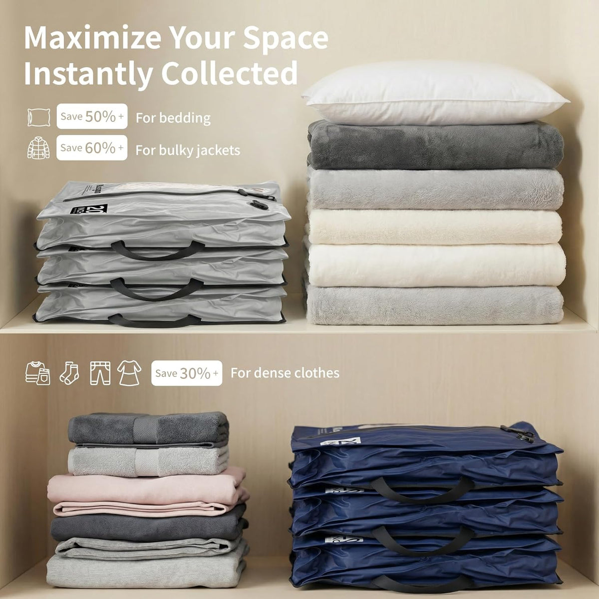Vacuum Seal Bags for Travel with Pump, Navy/Light Grey, 20+20 | Reusable Nylon, Compression Packing Cubes, Space Saving for Carry-On Suitcase & Backpack, Odor & Waterproof, 2 Pcs