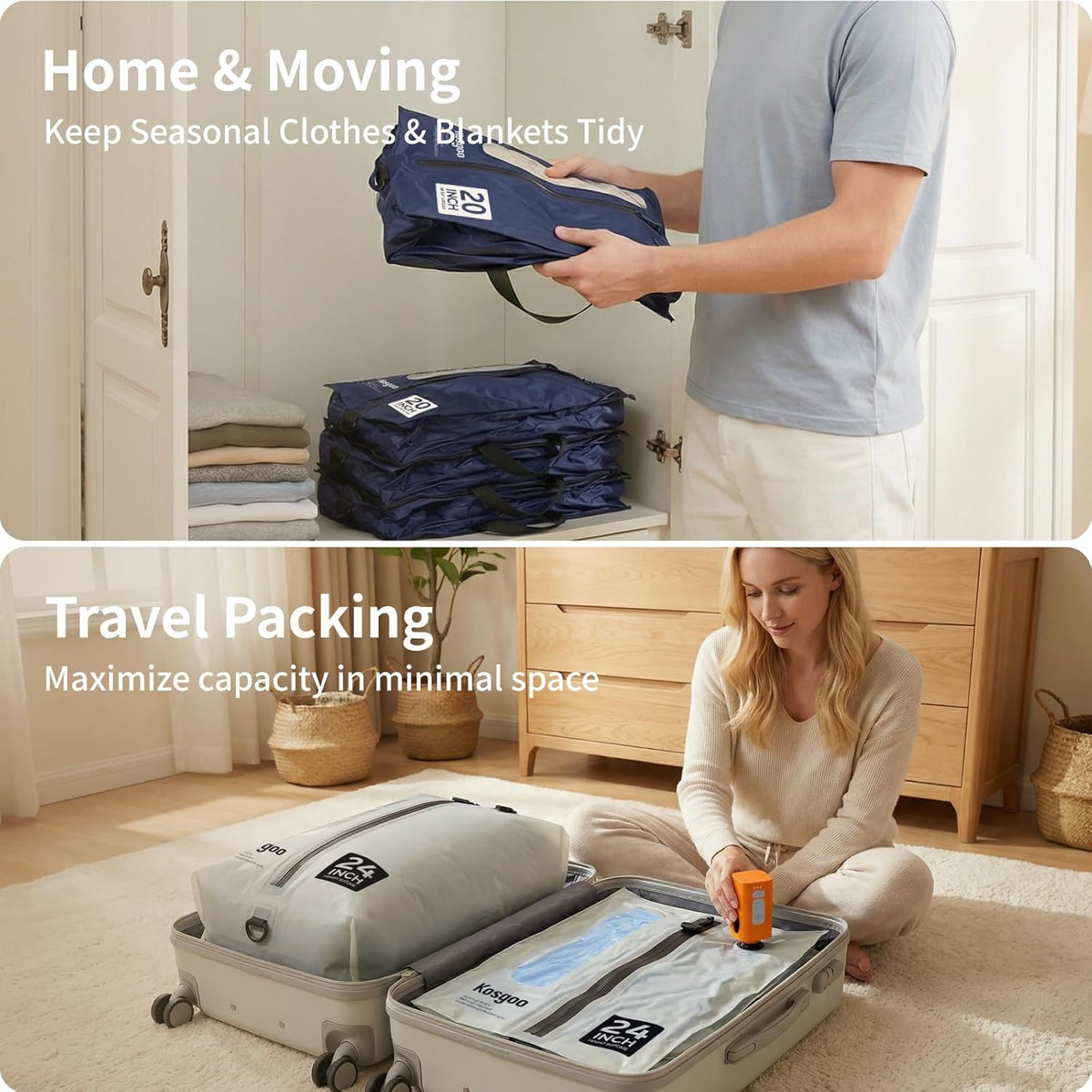 Vacuum Seal Bags for Travel with Pump, Navy/Light Grey, 20+20 | Reusable Nylon, Compression Packing Cubes, Space Saving for Carry-On Suitcase & Backpack, Odor & Waterproof, 2 Pcs