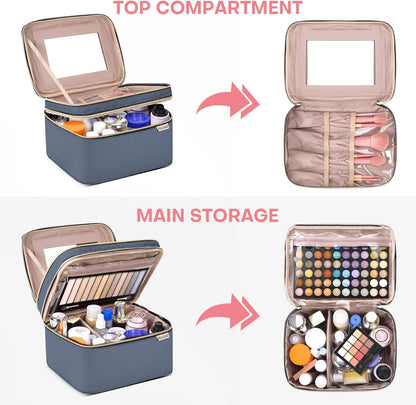 Double Layer Travel Makeup Bag Women, Cosmetic Organizer Case, Travel Essentials Accessories with Shoulder Strap for Bottles, Brushes, Conditioner, Skin Care Products, Pink