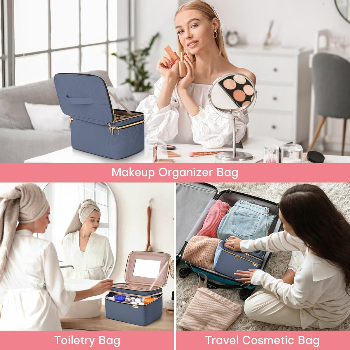 Double Layer Travel Makeup Bag Women, Cosmetic Organizer Case, Travel Essentials Accessories with Shoulder Strap for Bottles, Brushes, Conditioner, Skin Care Products, Pink