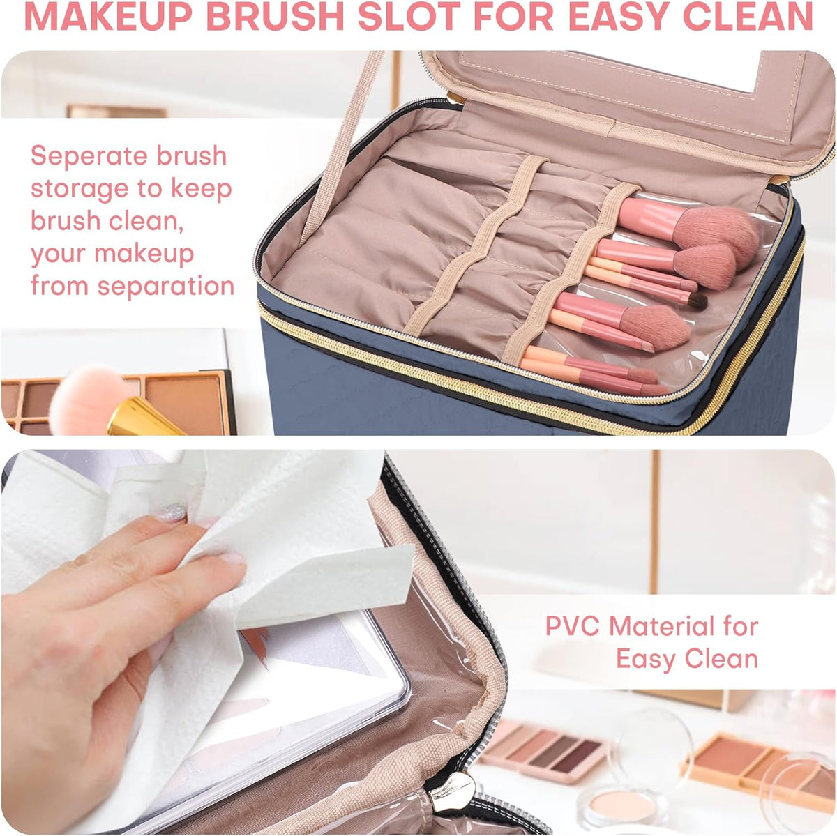 Double Layer Travel Makeup Bag Women, Cosmetic Organizer Case, Travel Essentials Accessories with Shoulder Strap for Bottles, Brushes, Conditioner, Skin Care Products, Pink