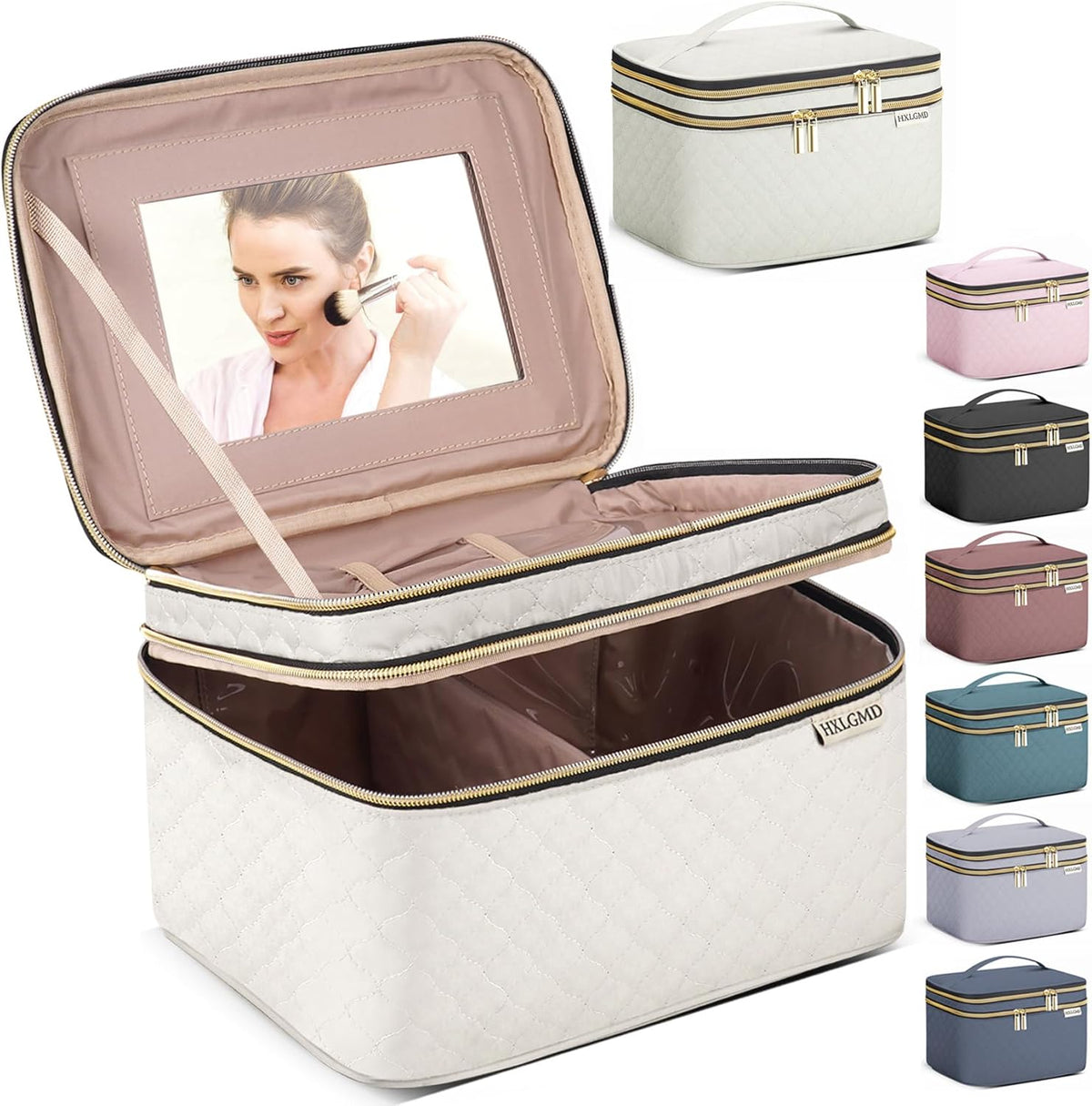 Double Layer Travel Makeup Bag Women, Cosmetic Organizer Case, Travel Essentials Accessories with Shoulder Strap for Bottles, Brushes, Conditioner, Skin Care Products, Pink