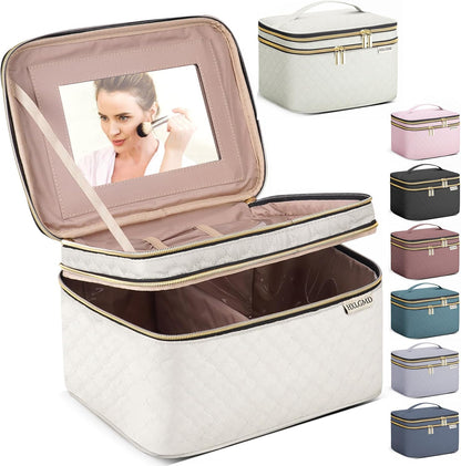Double Layer Travel Makeup Bag Women, Cosmetic Organizer Case, Travel Essentials Accessories with Shoulder Strap for Bottles, Brushes, Conditioner, Skin Care Products, Pink