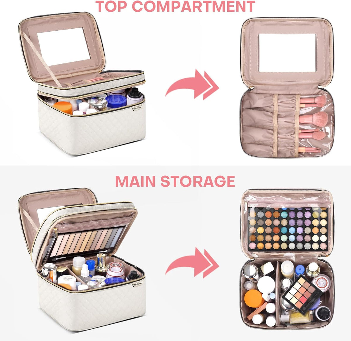 Double Layer Travel Makeup Bag Women, Cosmetic Organizer Case, Travel Essentials Accessories with Shoulder Strap for Bottles, Brushes, Conditioner, Skin Care Products, Pink