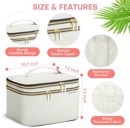 Double Layer Travel Makeup Bag Women, Cosmetic Organizer Case, Travel Essentials Accessories with Shoulder Strap for Bottles, Brushes, Conditioner, Skin Care Products, Pink