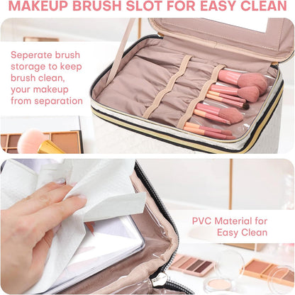 Double Layer Travel Makeup Bag Women, Cosmetic Organizer Case, Travel Essentials Accessories with Shoulder Strap for Bottles, Brushes, Conditioner, Skin Care Products, Pink