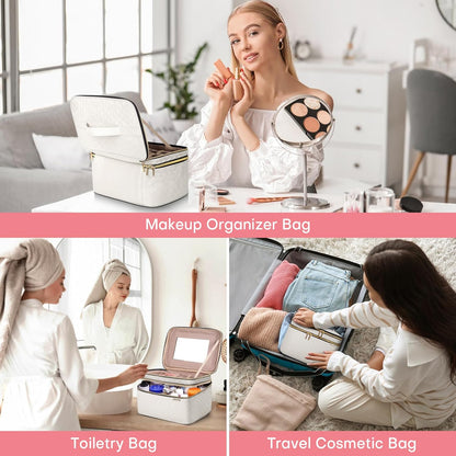 Double Layer Travel Makeup Bag Women, Cosmetic Organizer Case, Travel Essentials Accessories with Shoulder Strap for Bottles, Brushes, Conditioner, Skin Care Products, Pink