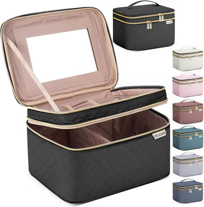 Double Layer Travel Makeup Bag Women, Cosmetic Organizer Case, Travel Essentials Accessories with Shoulder Strap for Bottles, Brushes, Conditioner, Skin Care Products, Pink