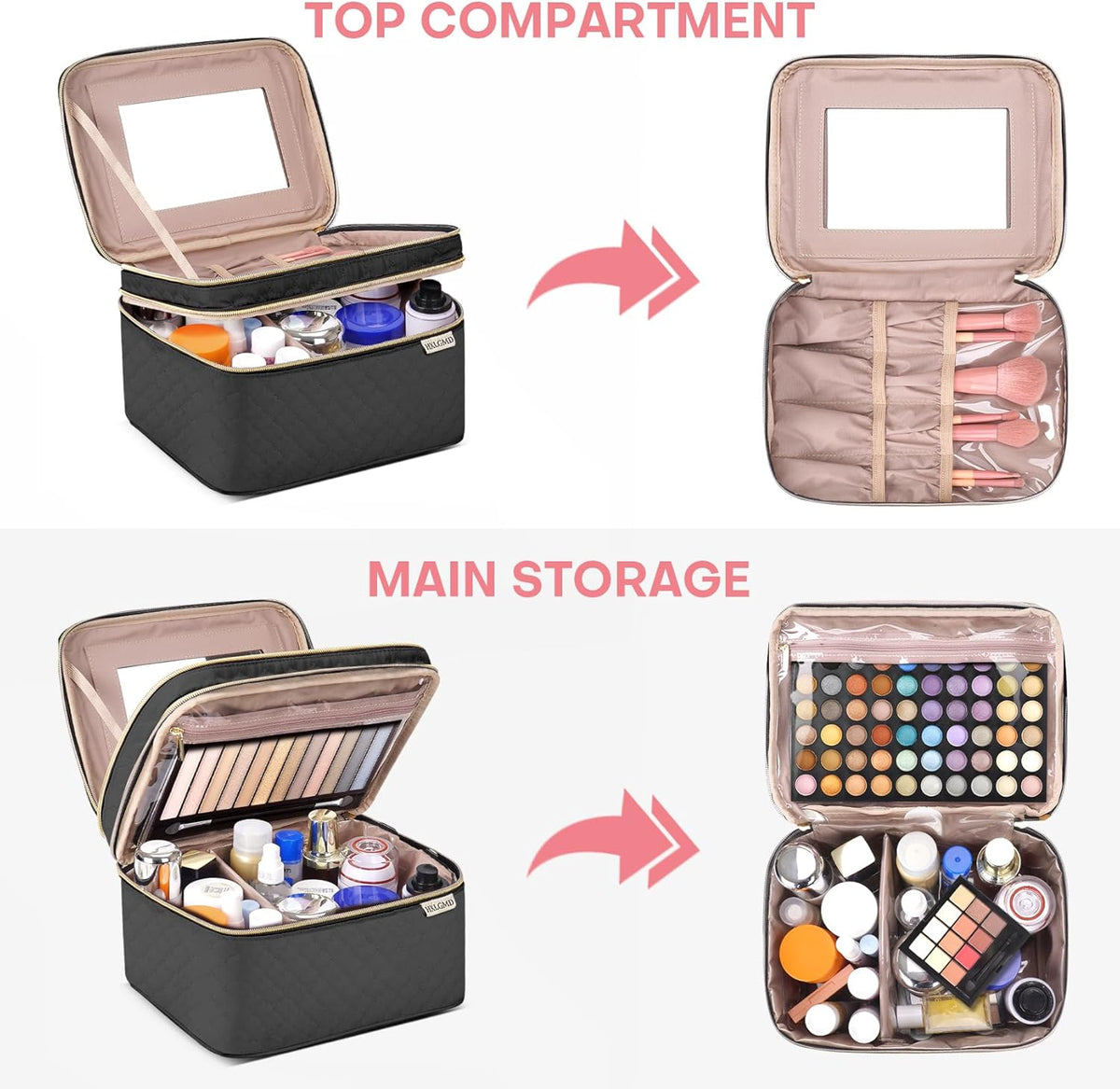 Double Layer Travel Makeup Bag Women, Cosmetic Organizer Case, Travel Essentials Accessories with Shoulder Strap for Bottles, Brushes, Conditioner, Skin Care Products, Pink