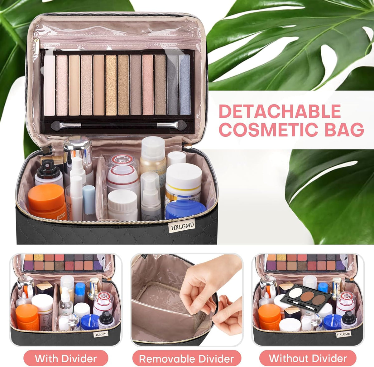 Double Layer Travel Makeup Bag Women, Cosmetic Organizer Case, Travel Essentials Accessories with Shoulder Strap for Bottles, Brushes, Conditioner, Skin Care Products, Pink