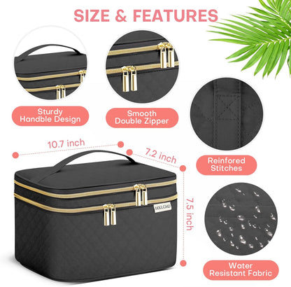 Double Layer Travel Makeup Bag Women, Cosmetic Organizer Case, Travel Essentials Accessories with Shoulder Strap for Bottles, Brushes, Conditioner, Skin Care Products, Pink
