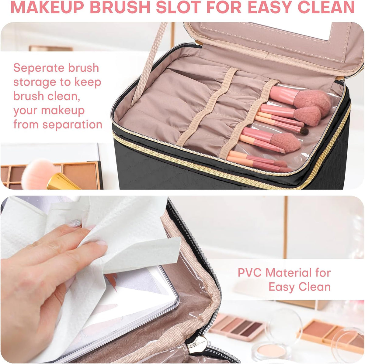 Double Layer Travel Makeup Bag Women, Cosmetic Organizer Case, Travel Essentials Accessories with Shoulder Strap for Bottles, Brushes, Conditioner, Skin Care Products, Pink