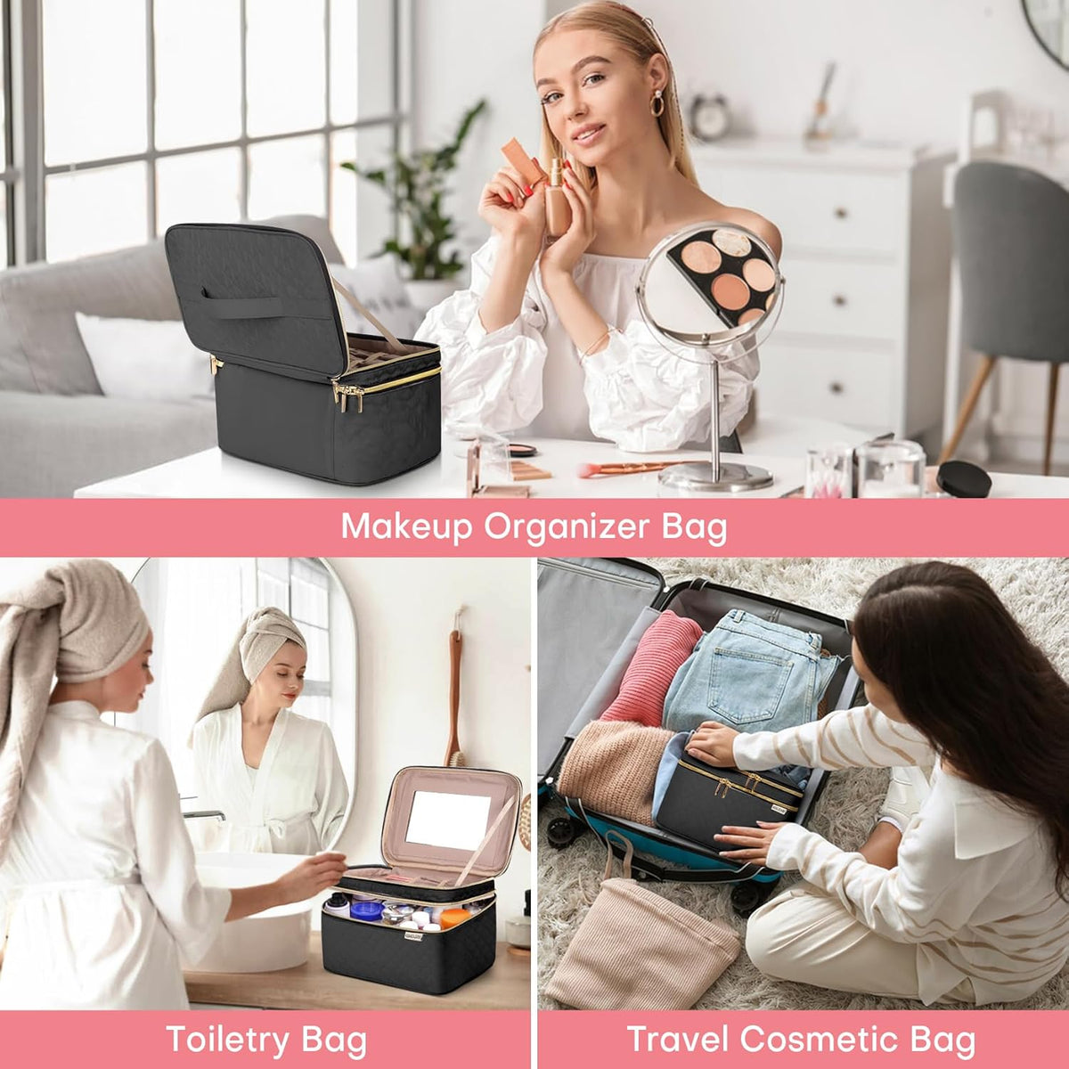 Double Layer Travel Makeup Bag Women, Cosmetic Organizer Case, Travel Essentials Accessories with Shoulder Strap for Bottles, Brushes, Conditioner, Skin Care Products, Pink