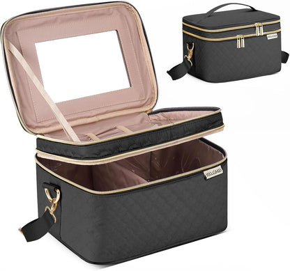 Double Layer Travel Makeup Bag Women, Cosmetic Organizer Case, Travel Essentials Accessories with Shoulder Strap for Bottles, Brushes, Conditioner, Skin Care Products, Pink