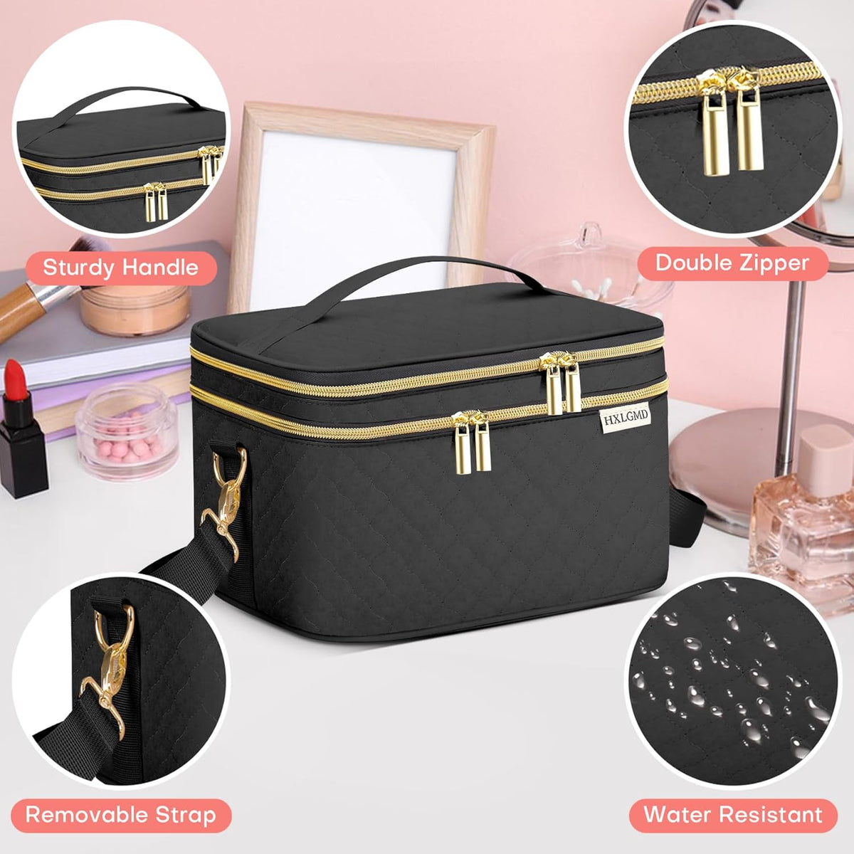 Double Layer Travel Makeup Bag Women, Cosmetic Organizer Case, Travel Essentials Accessories with Shoulder Strap for Bottles, Brushes, Conditioner, Skin Care Products, Pink