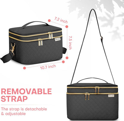 Double Layer Travel Makeup Bag Women, Cosmetic Organizer Case, Travel Essentials Accessories with Shoulder Strap for Bottles, Brushes, Conditioner, Skin Care Products, Pink