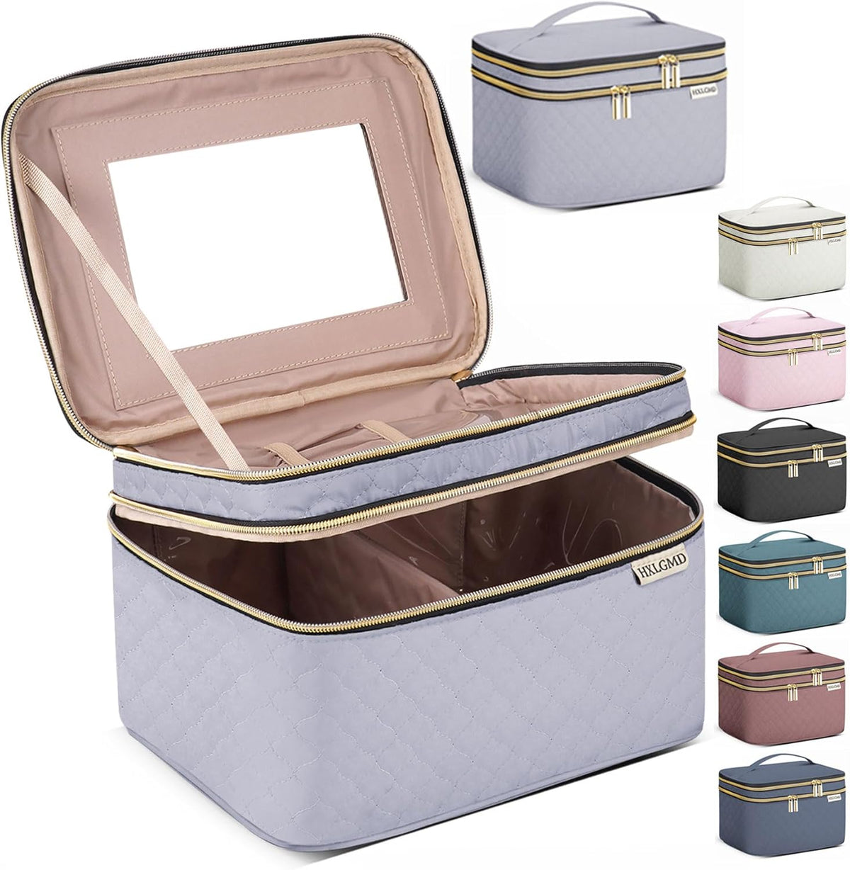 Double Layer Travel Makeup Bag Women, Cosmetic Organizer Case, Travel Essentials Accessories with Shoulder Strap for Bottles, Brushes, Conditioner, Skin Care Products, Pink