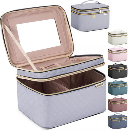 Double Layer Travel Makeup Bag Women, Cosmetic Organizer Case, Travel Essentials Accessories with Shoulder Strap for Bottles, Brushes, Conditioner, Skin Care Products, Pink