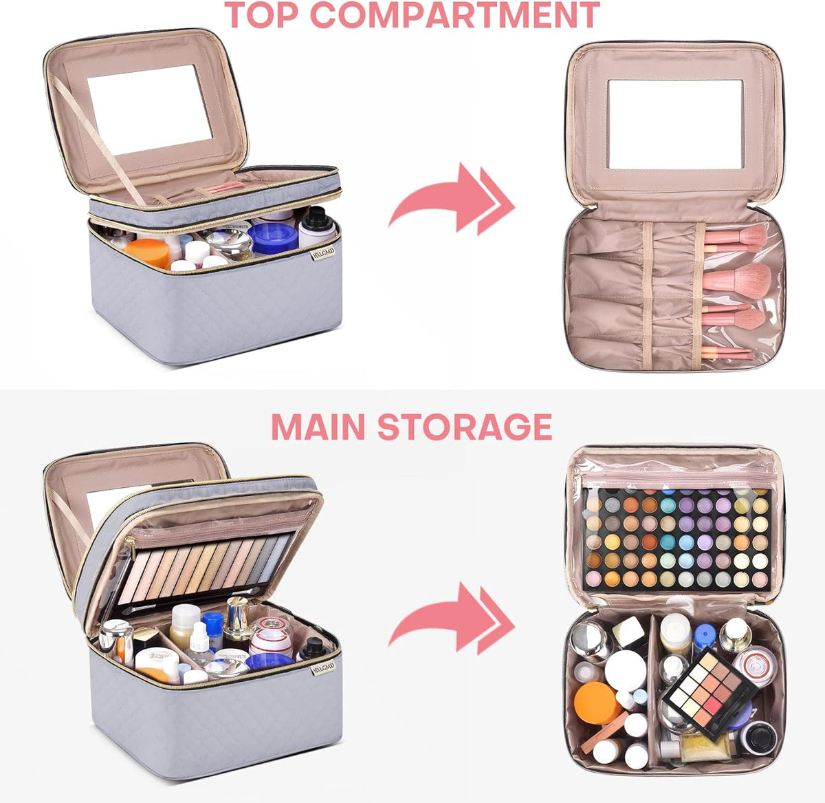 Double Layer Travel Makeup Bag Women, Cosmetic Organizer Case, Travel Essentials Accessories with Shoulder Strap for Bottles, Brushes, Conditioner, Skin Care Products, Pink