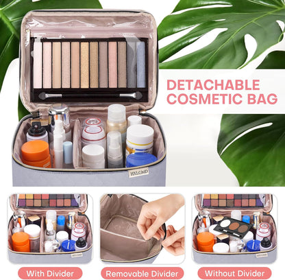 Double Layer Travel Makeup Bag Women, Cosmetic Organizer Case, Travel Essentials Accessories with Shoulder Strap for Bottles, Brushes, Conditioner, Skin Care Products, Pink