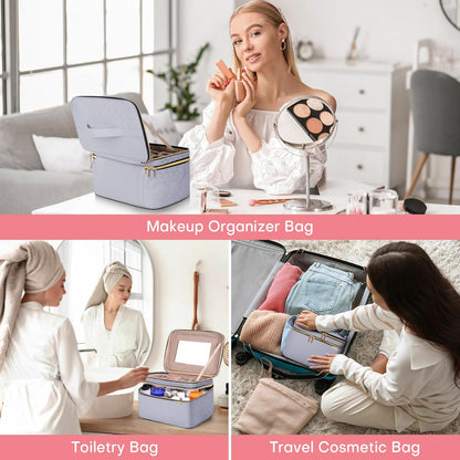 Double Layer Travel Makeup Bag Women, Cosmetic Organizer Case, Travel Essentials Accessories with Shoulder Strap for Bottles, Brushes, Conditioner, Skin Care Products, Pink