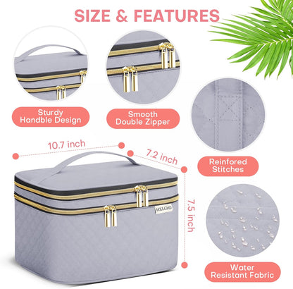 Double Layer Travel Makeup Bag Women, Cosmetic Organizer Case, Travel Essentials Accessories with Shoulder Strap for Bottles, Brushes, Conditioner, Skin Care Products, Pink