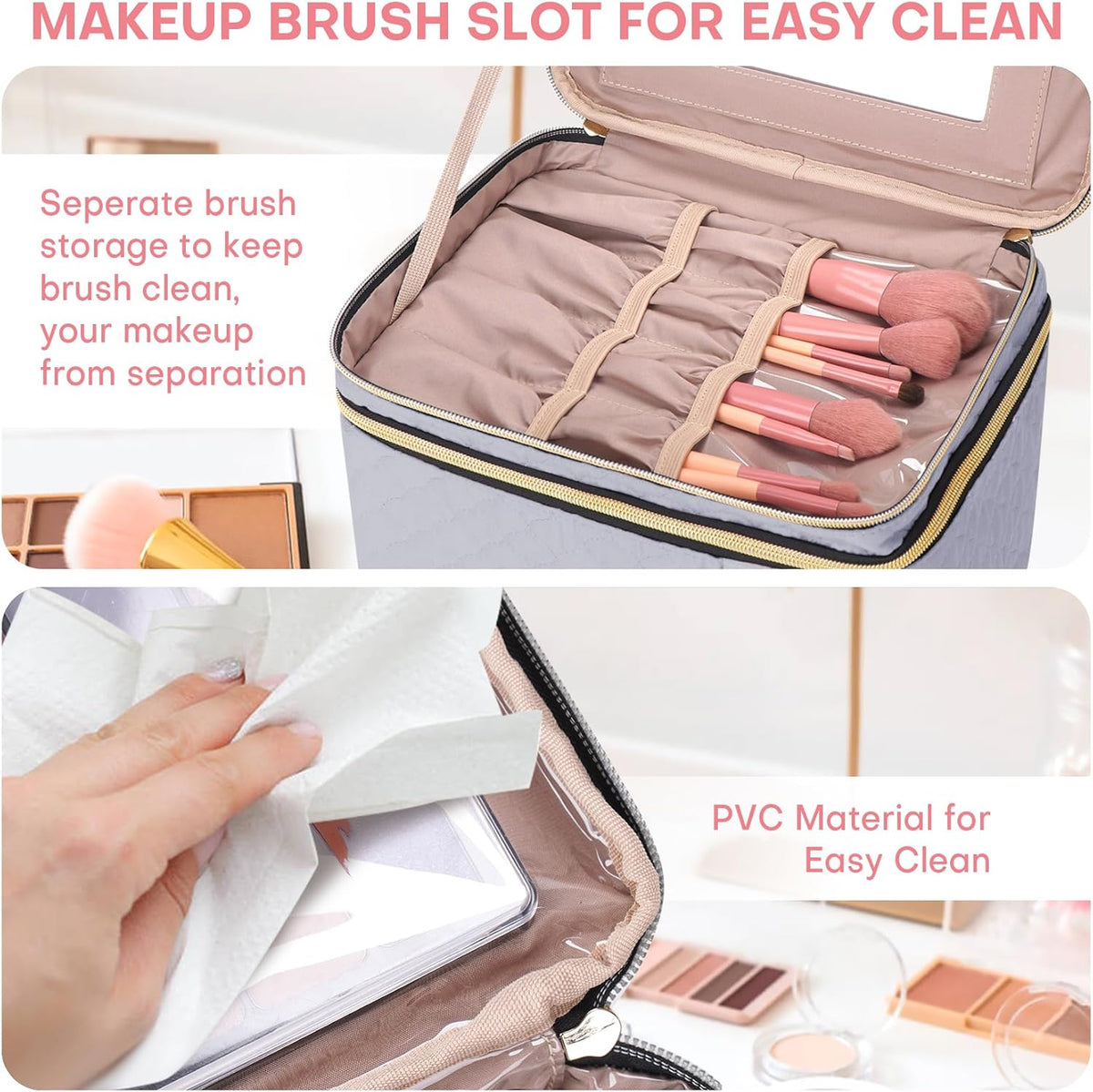 Double Layer Travel Makeup Bag Women, Cosmetic Organizer Case, Travel Essentials Accessories with Shoulder Strap for Bottles, Brushes, Conditioner, Skin Care Products, Pink