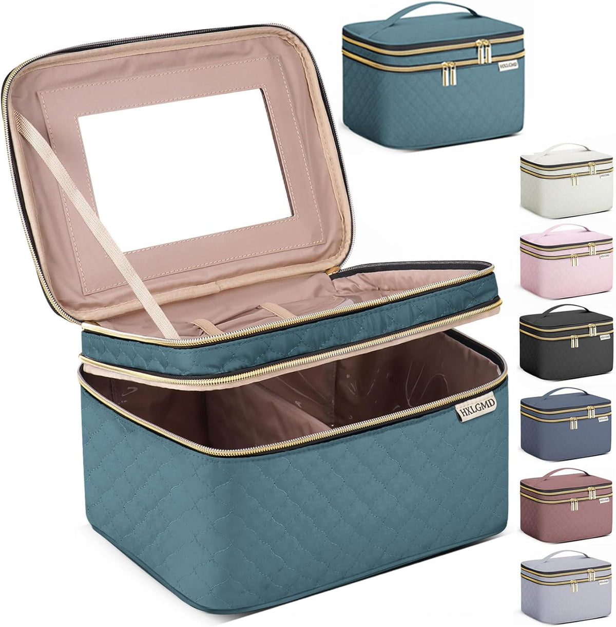 Double Layer Travel Makeup Bag Women, Cosmetic Organizer Case, Travel Essentials Accessories with Shoulder Strap for Bottles, Brushes, Conditioner, Skin Care Products, Pink