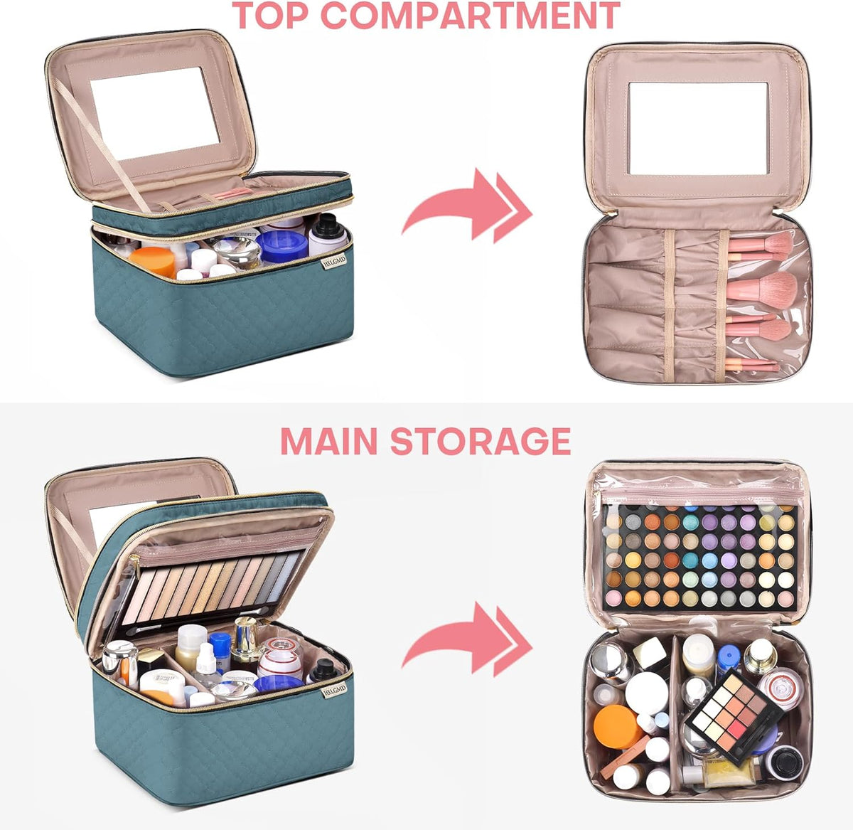 Double Layer Travel Makeup Bag Women, Cosmetic Organizer Case, Travel Essentials Accessories with Shoulder Strap for Bottles, Brushes, Conditioner, Skin Care Products, Pink