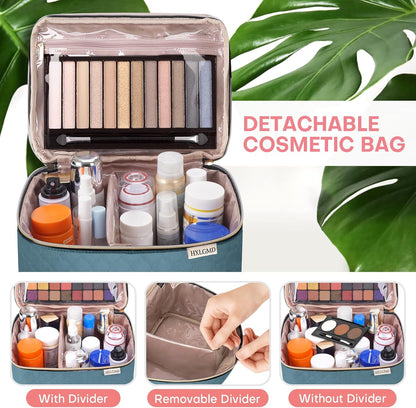 Double Layer Travel Makeup Bag Women, Cosmetic Organizer Case, Travel Essentials Accessories with Shoulder Strap for Bottles, Brushes, Conditioner, Skin Care Products, Pink